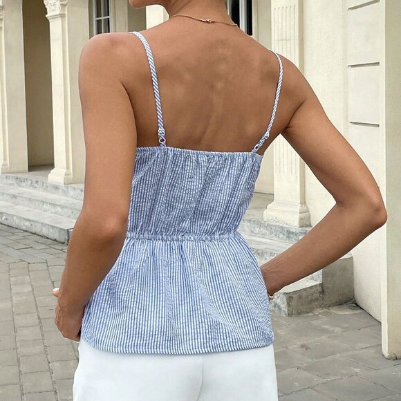 Blue & White Boho Women's Vacation Printed & Embroidered Striped Tie Front Cami - Picture 2 of 7